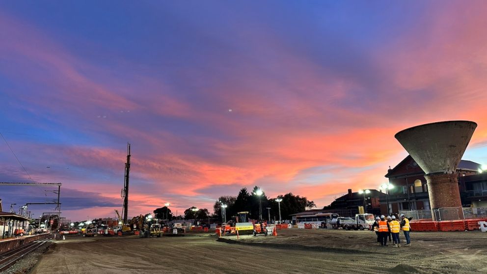 The sun rises over Mordialloc, with the historic water tower in the foreground