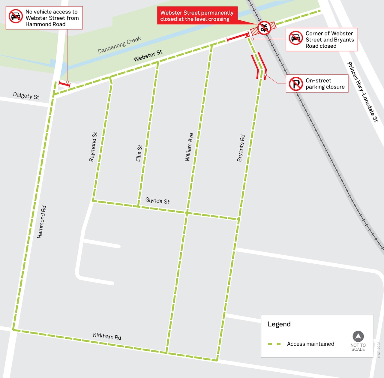 Map showing Webster Street level crossing closure and corner of Bryants Road and Webster Street closure