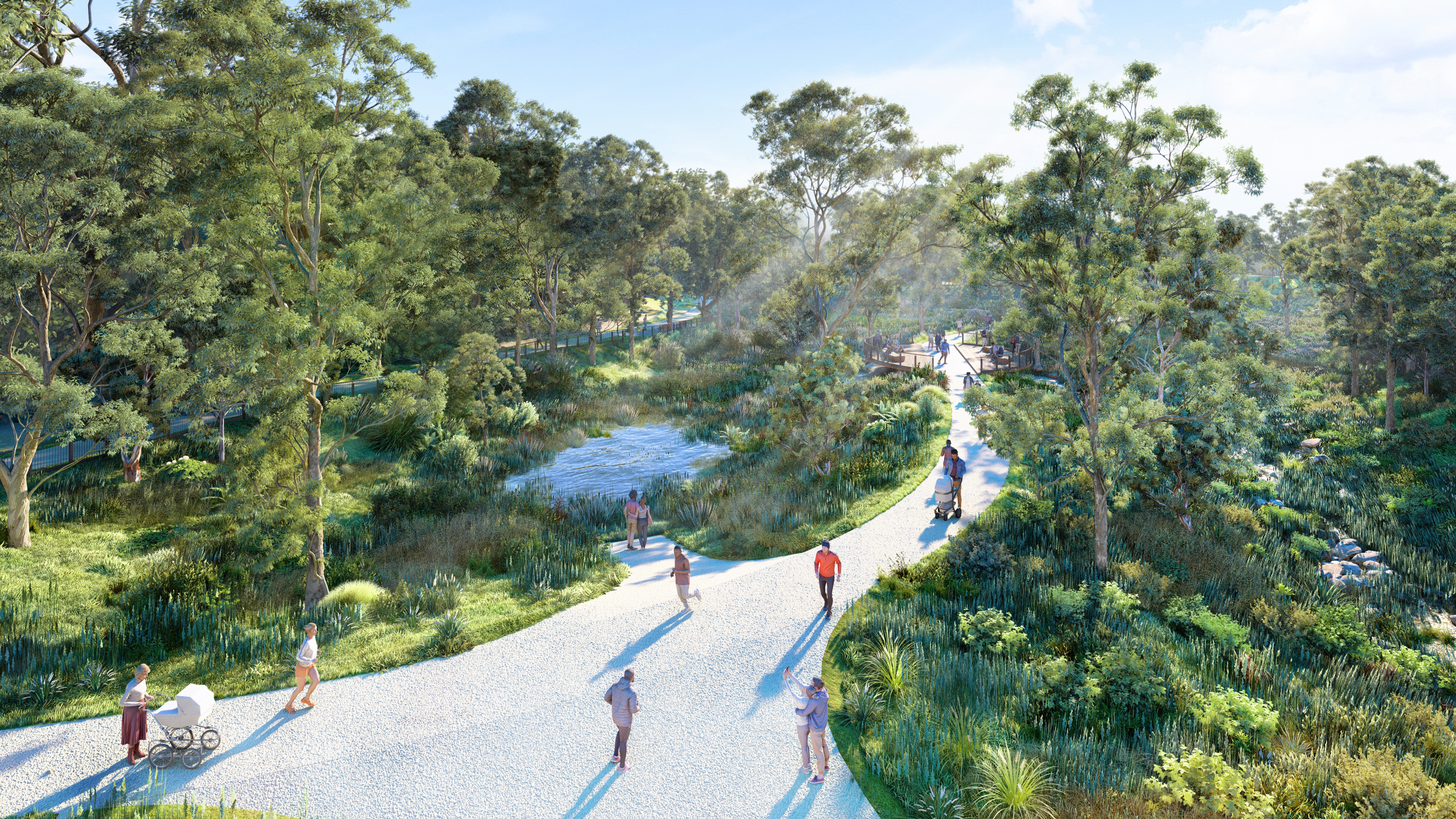 Artist impression of retaining walls replaced with landscaped batters. Design subject to further development.