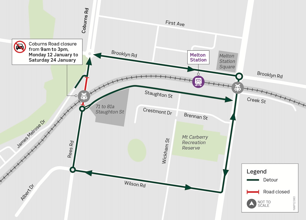 Map showing detour via Brooklyn Road, Exford Road, Wilsons Road and Reese Road.