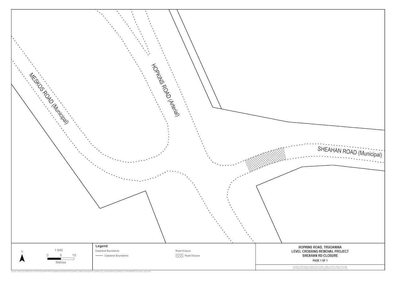 Map showing location of closure on Sheahan Road