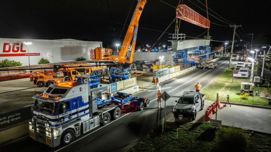 The first span of bridge beams is in place with the rest to be lifted into place this year