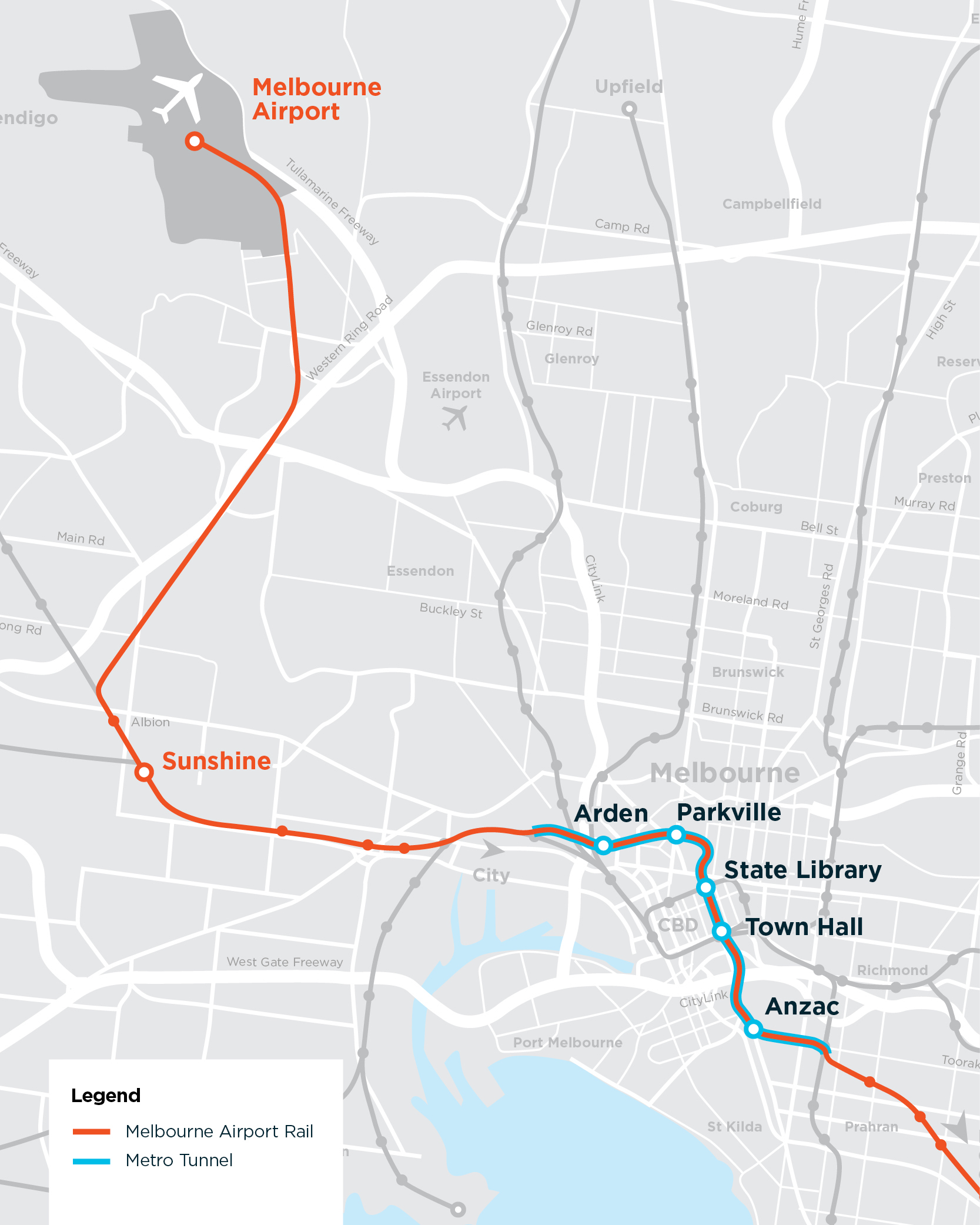 Map of Melbourne Airport Rail route, described above