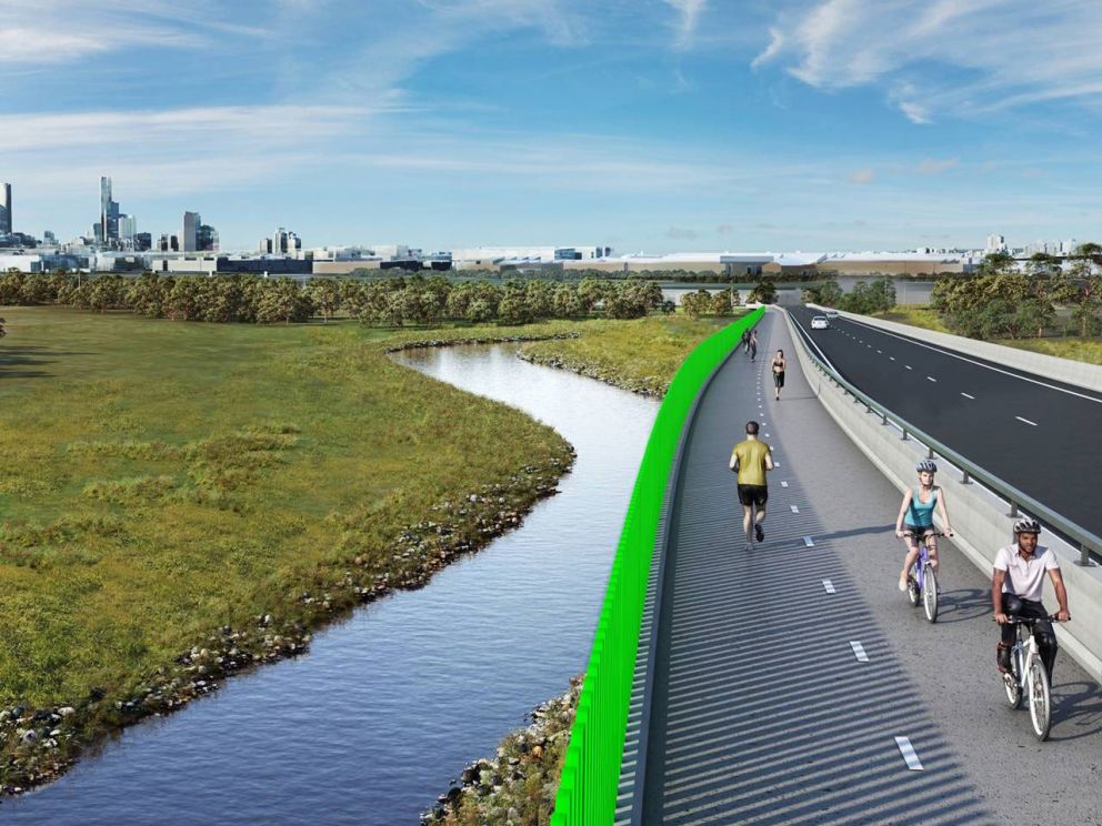 Artist impression of new shared use path alongside the Hyde Street off ramp, Yarraville
