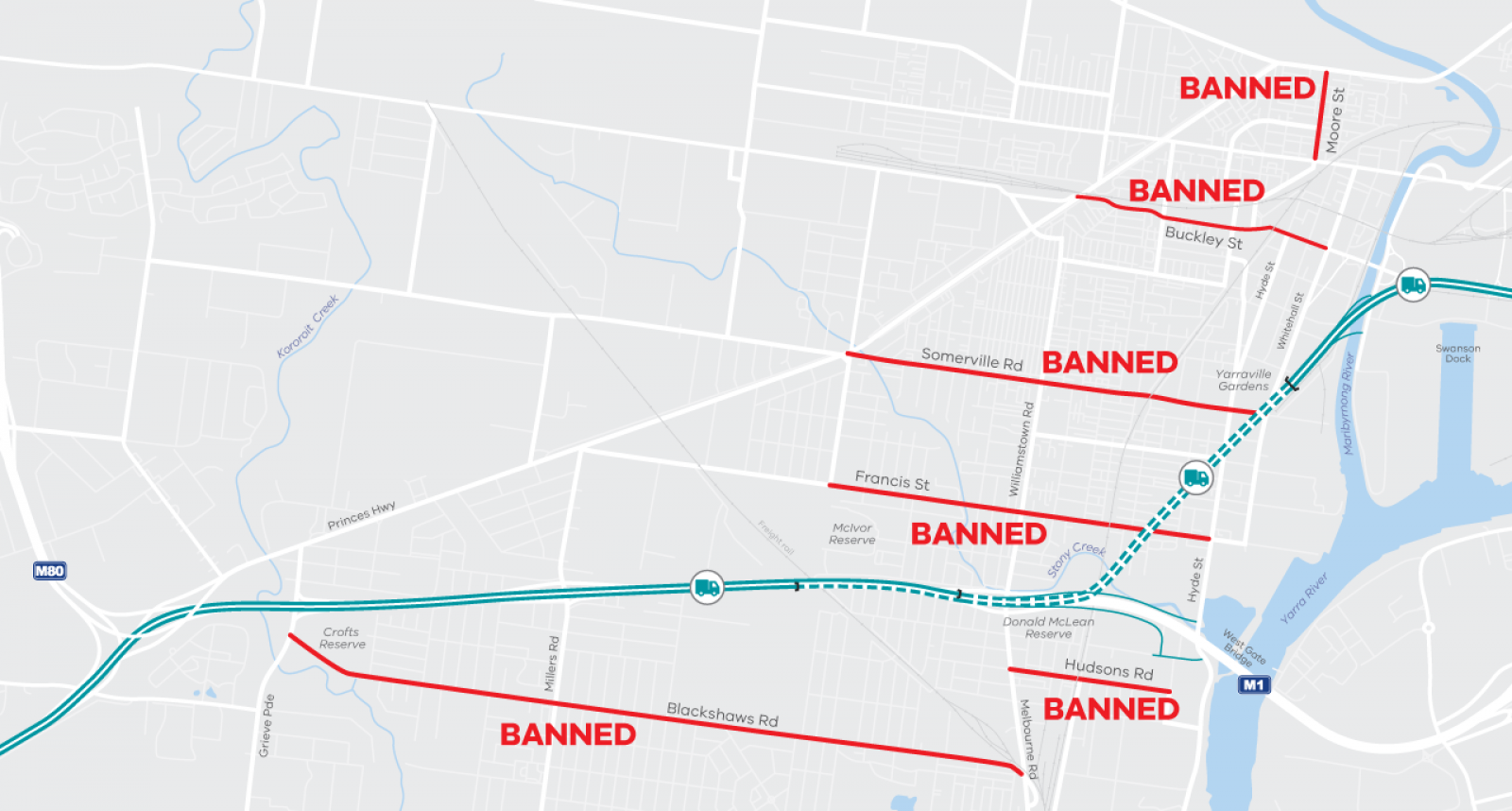 Map highlighting local roads where trucks will be banned once the project is completed