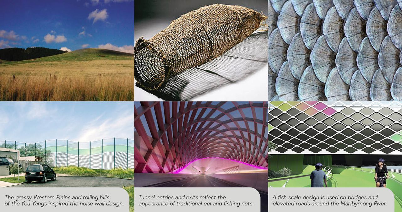 A montage of 6 images showing how the urban design of the West Gate Tunnel Project is inspired by nature and Aboriginal heritage. Refer to points below for more detail.