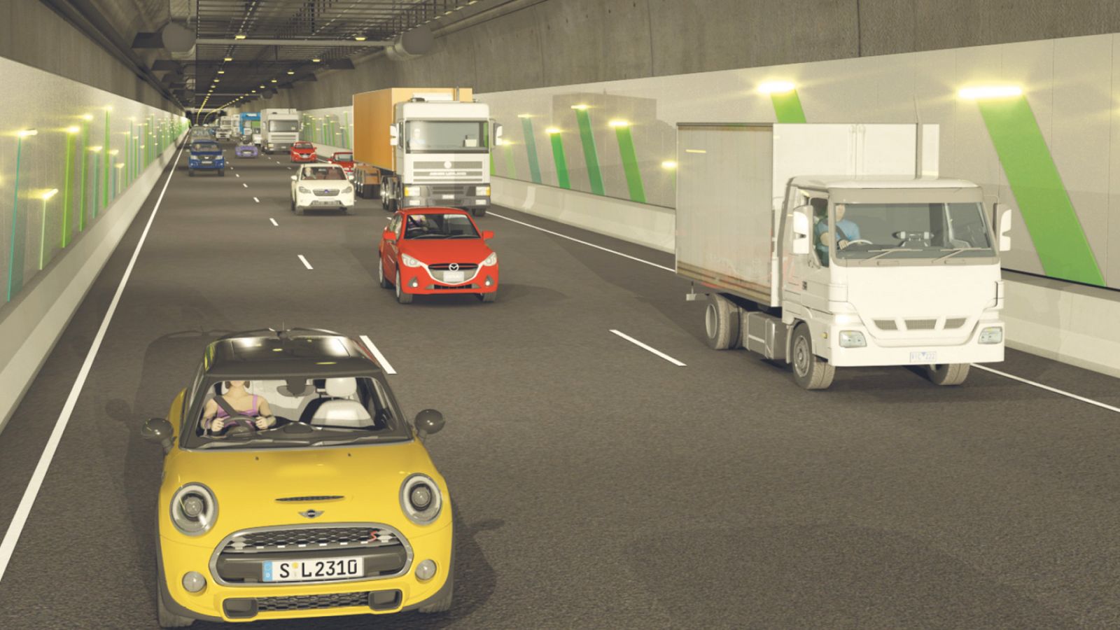 Artist impression inside the North East Link tunnel with cars and trucks on the road.