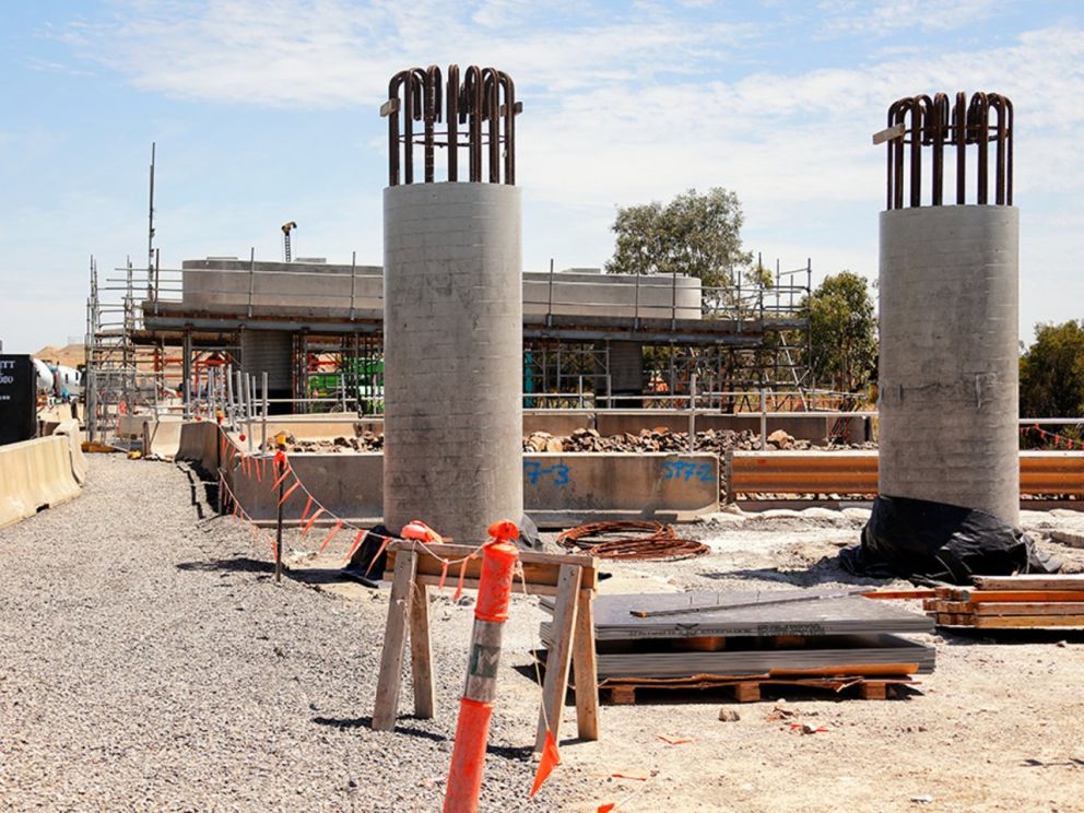 Building the columns needed to support the 400-metre twin bridges over the Waterways wetlands