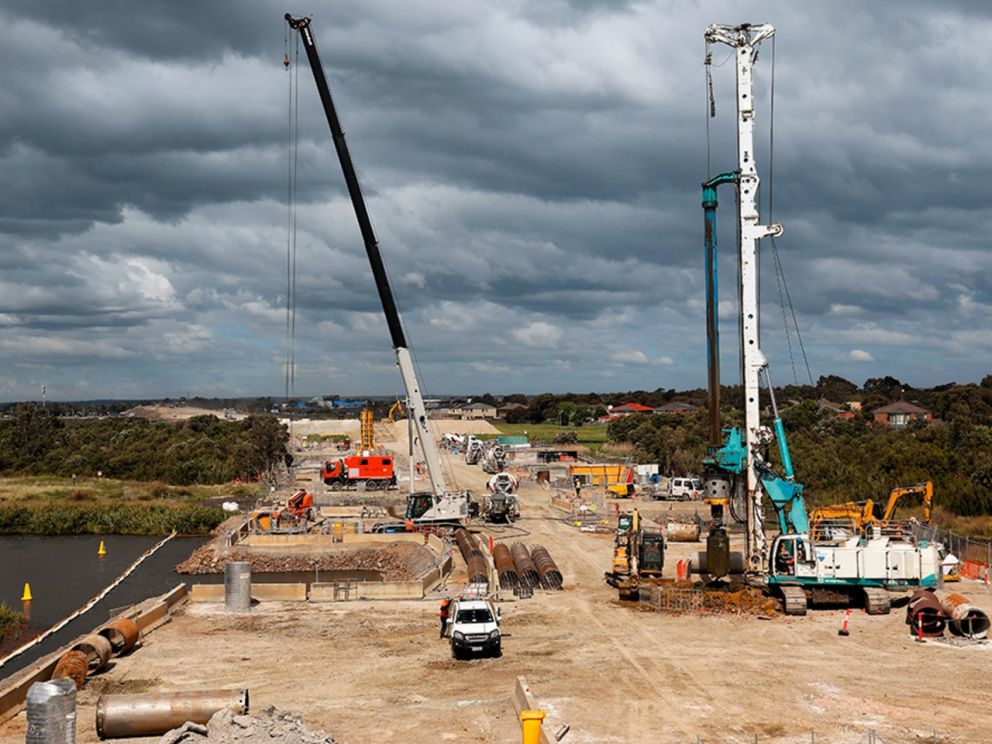 Works to continue installing piles for the twin bridges over the Waterways wetlands