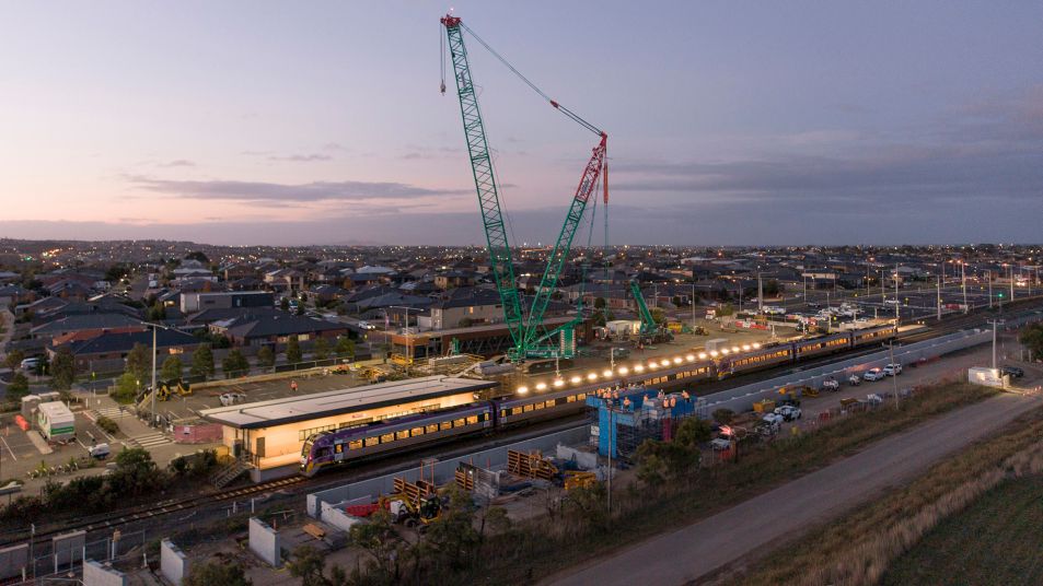 Waurn Ponds Station aerial view of crane lifting in overpass