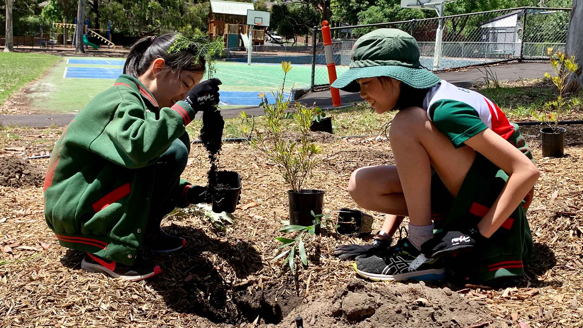 A close up of two students smiling and planting saplings at Belle Vue Primary School. 