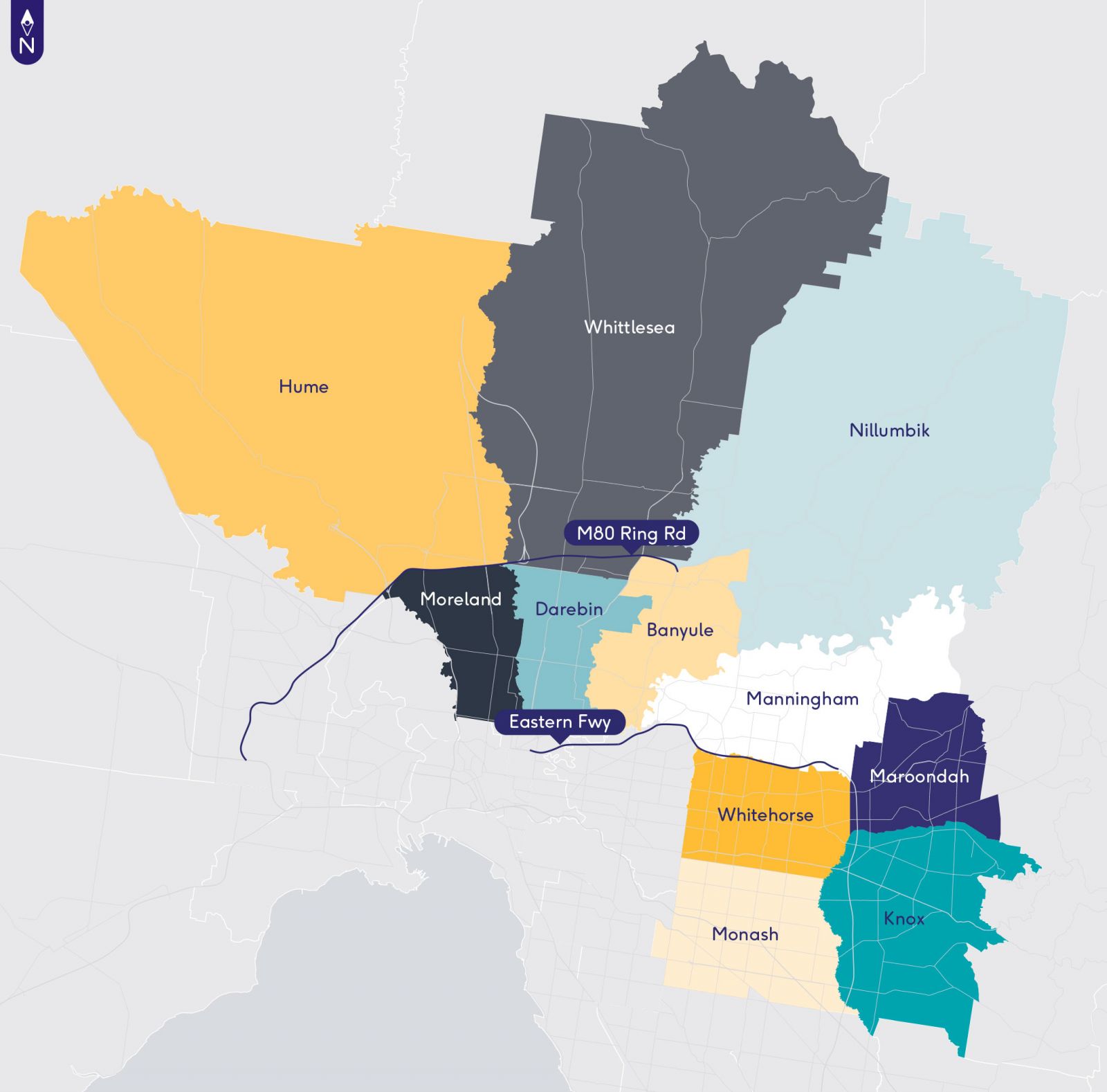 A map showing council areas, highlighting Banyule, Darebin, Hume, Knox, Manningham, Maroondah, Monash, Moreland, Nillumbik, Whitehorse and Whittlesea and the M80 Ring Road and Eastern Freeway.
