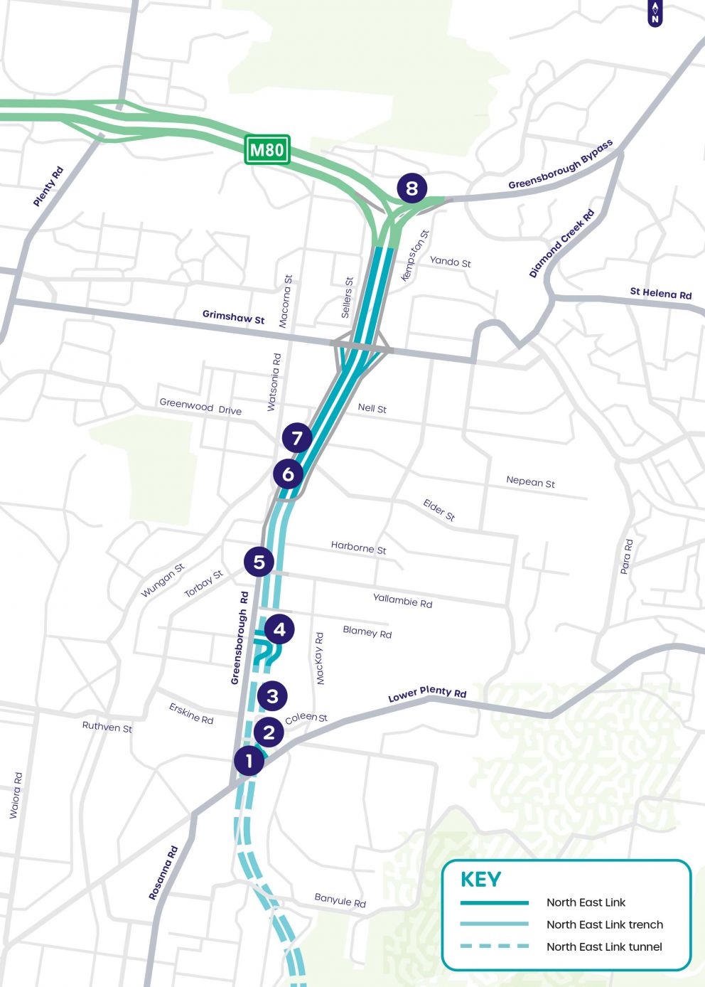 A map showing the locations of early works in the north of the project area, highlighting service relocations in Yallambie and on Greensborough Road, transmission tower relocations in Watsonia and mobile tower works in Watsonia and Greensborough. 