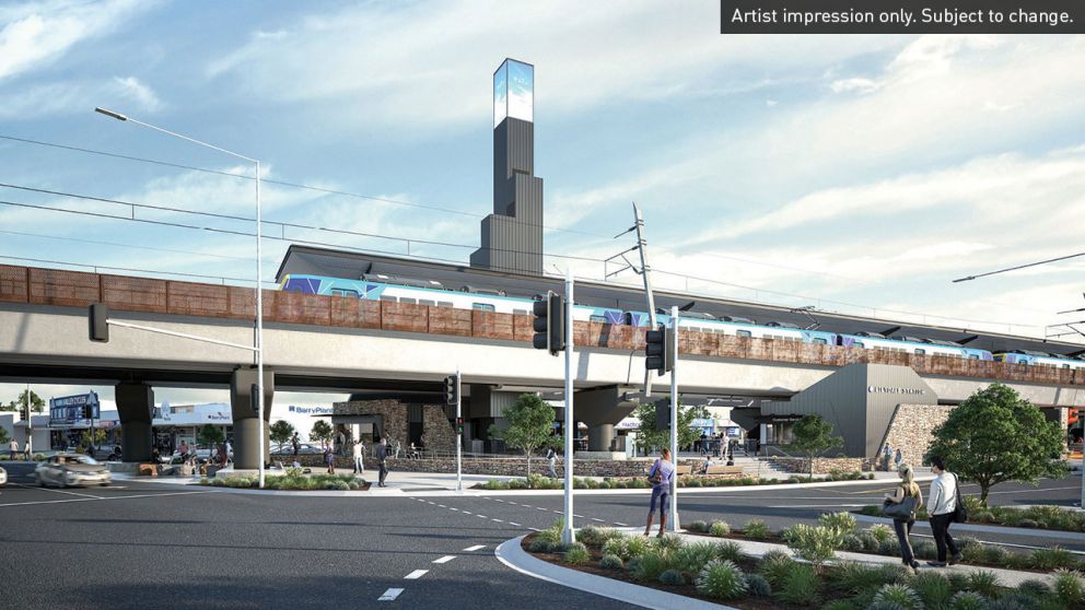 Artist impression of elevated Lilydale Station and precinct from across the road. Artist impression only. Subject to change.