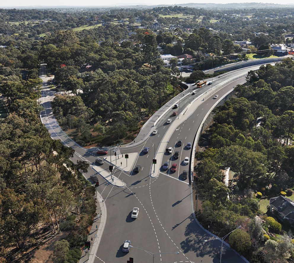 Artist impression of mature landscaping around the Memorial Drive intersection with cars driving throughout