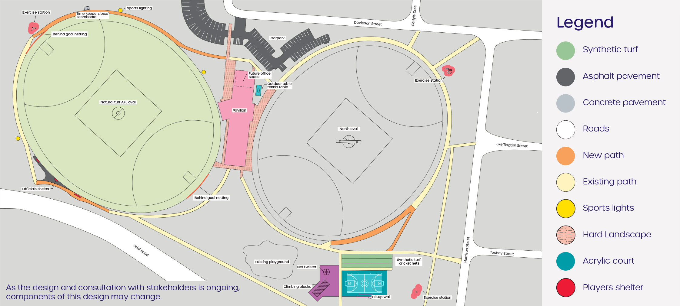 A map showing Ford Park oval in Bellfield, highlighting the proposed upgrades including synthetic turf, asphalt pavement, concrete pavement, roads, new path, existing path, sports lights, hard landscape, acrylic court and players shelter.
