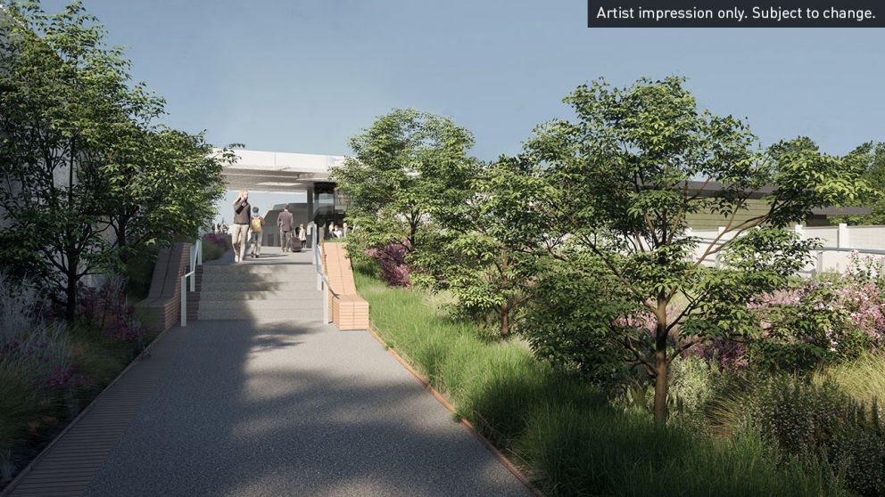New station entrance, Surrey Hills - Looking east from Surrey Hills northern station car park. Artist impression only, subject to change.