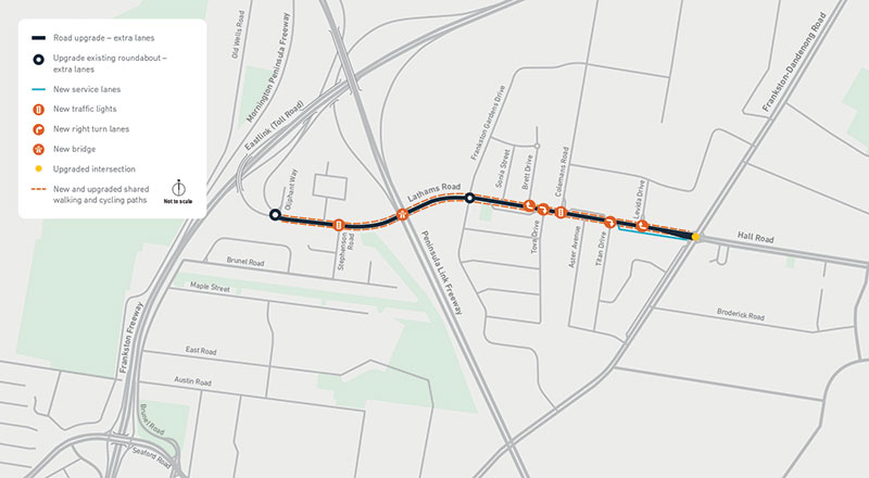 Image displays a map of Lathams Road highlighting the extra lanes, upgraded roundabouts, new service lanes, new traffic lights, new right turn lanes, new bridge, upgraded intersection and new walking/cycling paths