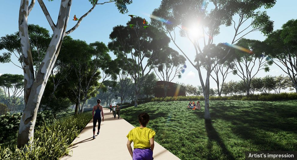An artist impression of the future development of the open space at the Manningham interchange and showing recreational park users.
