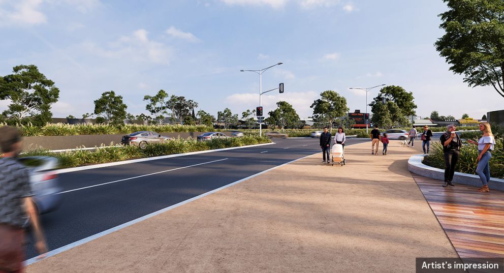 An artist impression of Watsonia Street land bridge showing cars and residents crossing.