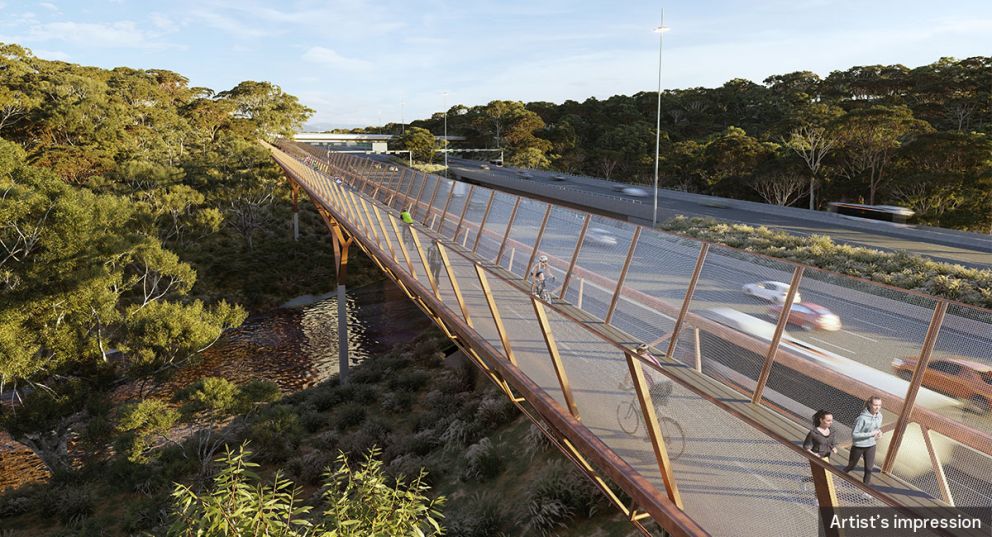 An artist impression aerial view of the Eastern Express Busway and Yarra Bridge bicycle ‘superhighway’ showing recreational users.