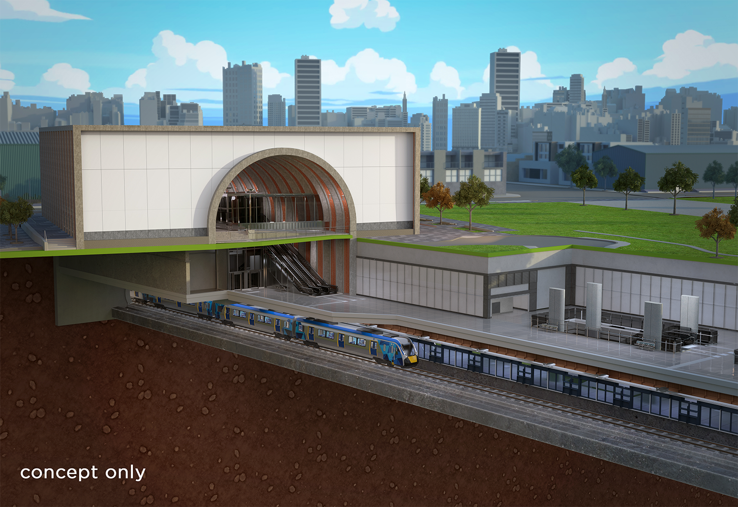 Concept render of Arden station showing entrance arches and underground station.