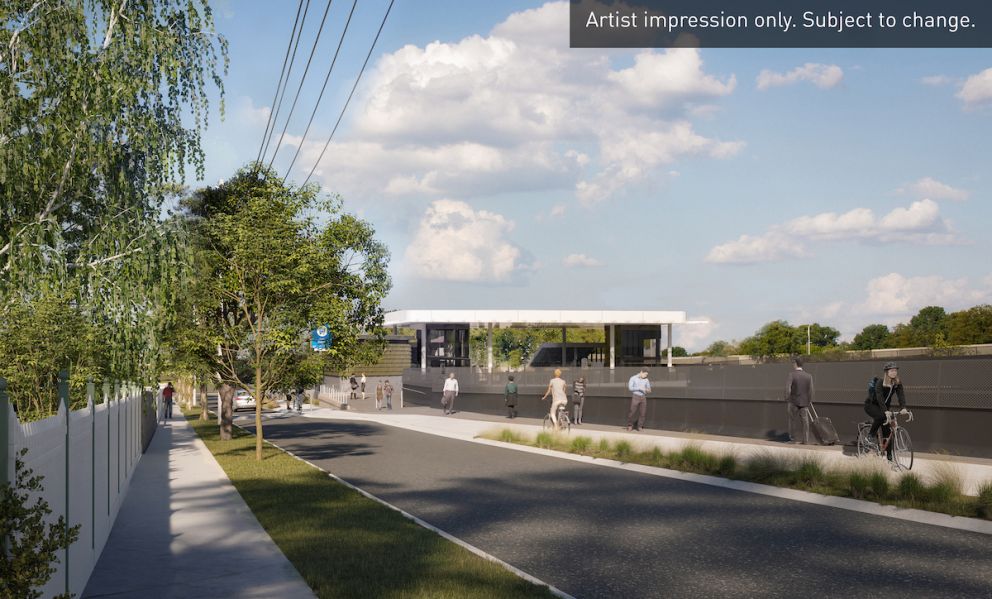 Mont Albert station entrance from Lorne Parade looking west