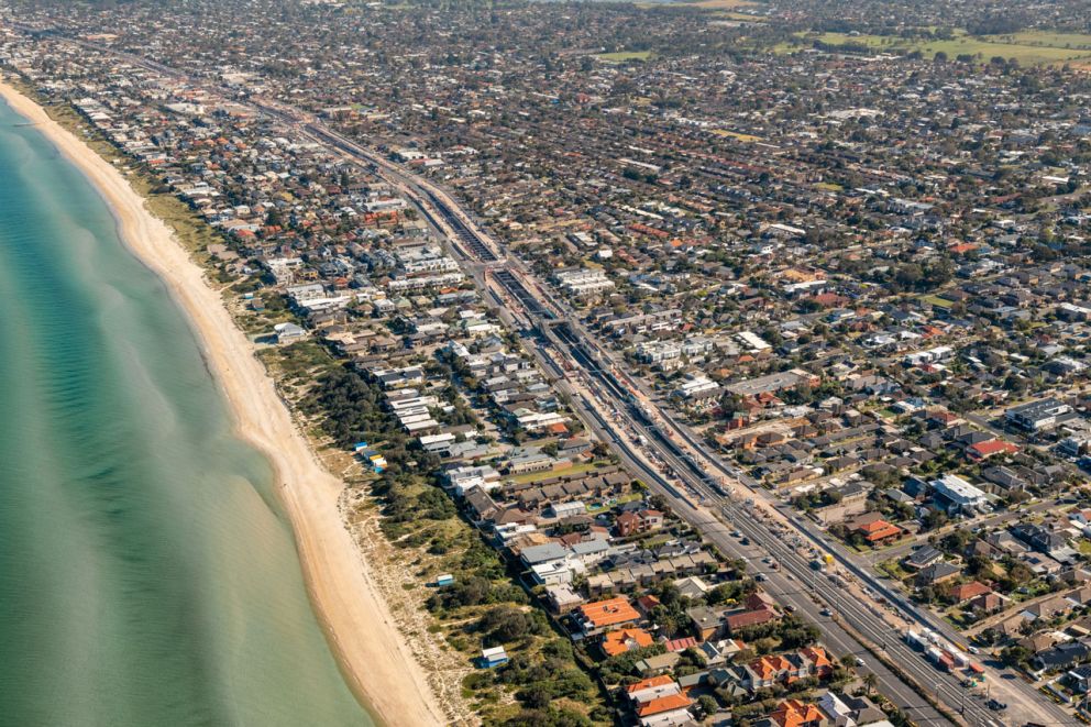 An aerial view of the new trenches and level crossing free road connections along Nepean Highway and Station Street.