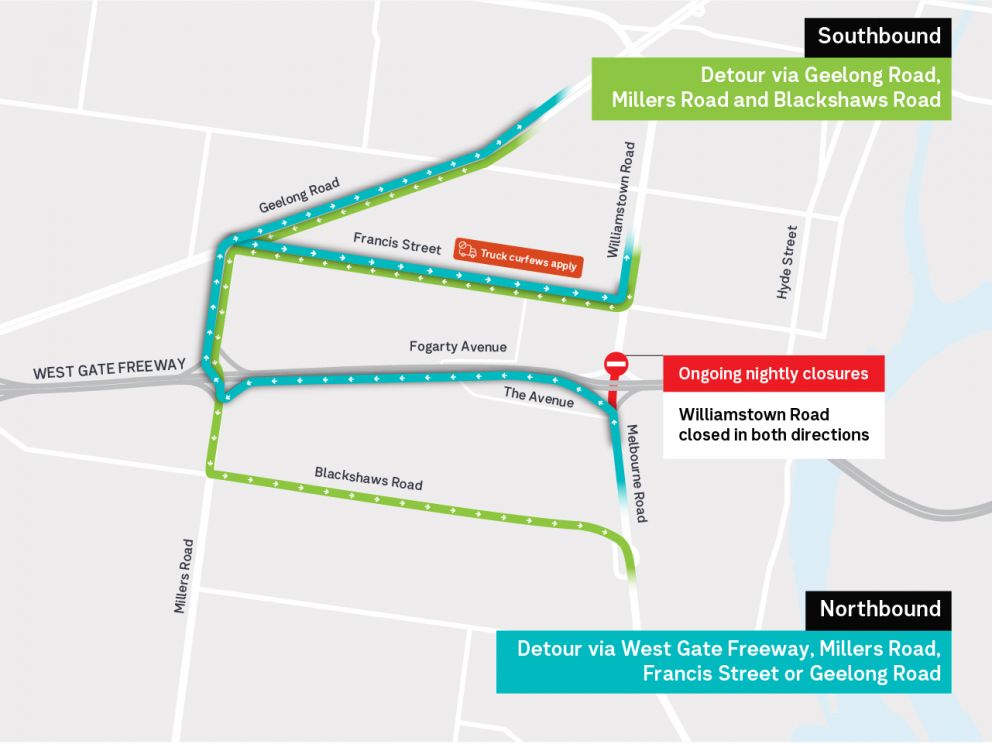 Summer works 2022 detour map - Nightly closures on Williamstown Rd under West Gate Freeway