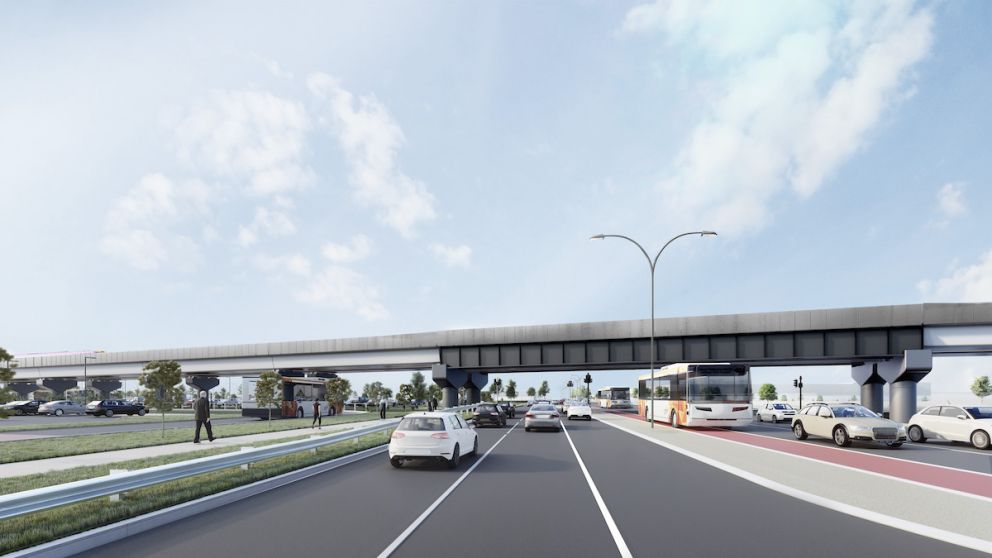 The new rail bridge that will take trains over Mt Derrimut Road. Artist impression only, subject to change.