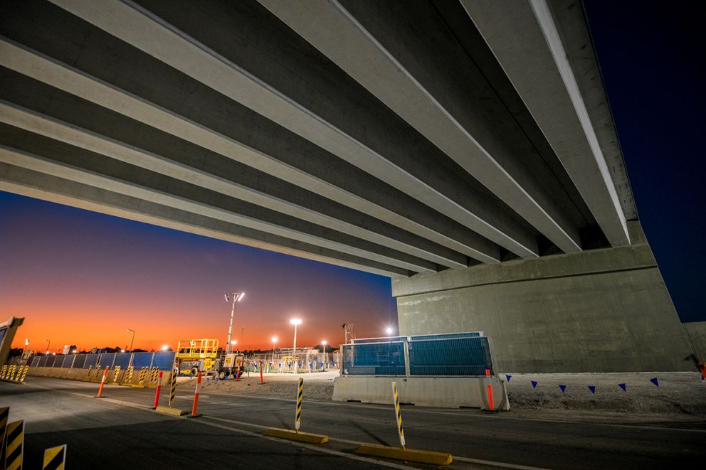 The new Fitzgerald Road bridge at sunrise during the March construction blitz
