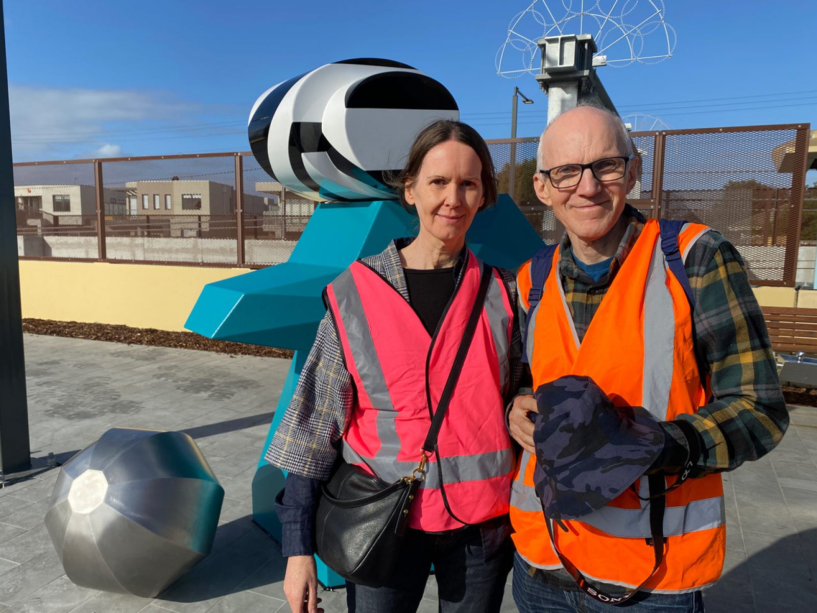 Bonbeach Bird artists James and Eleanor Avery stand in front of their design.