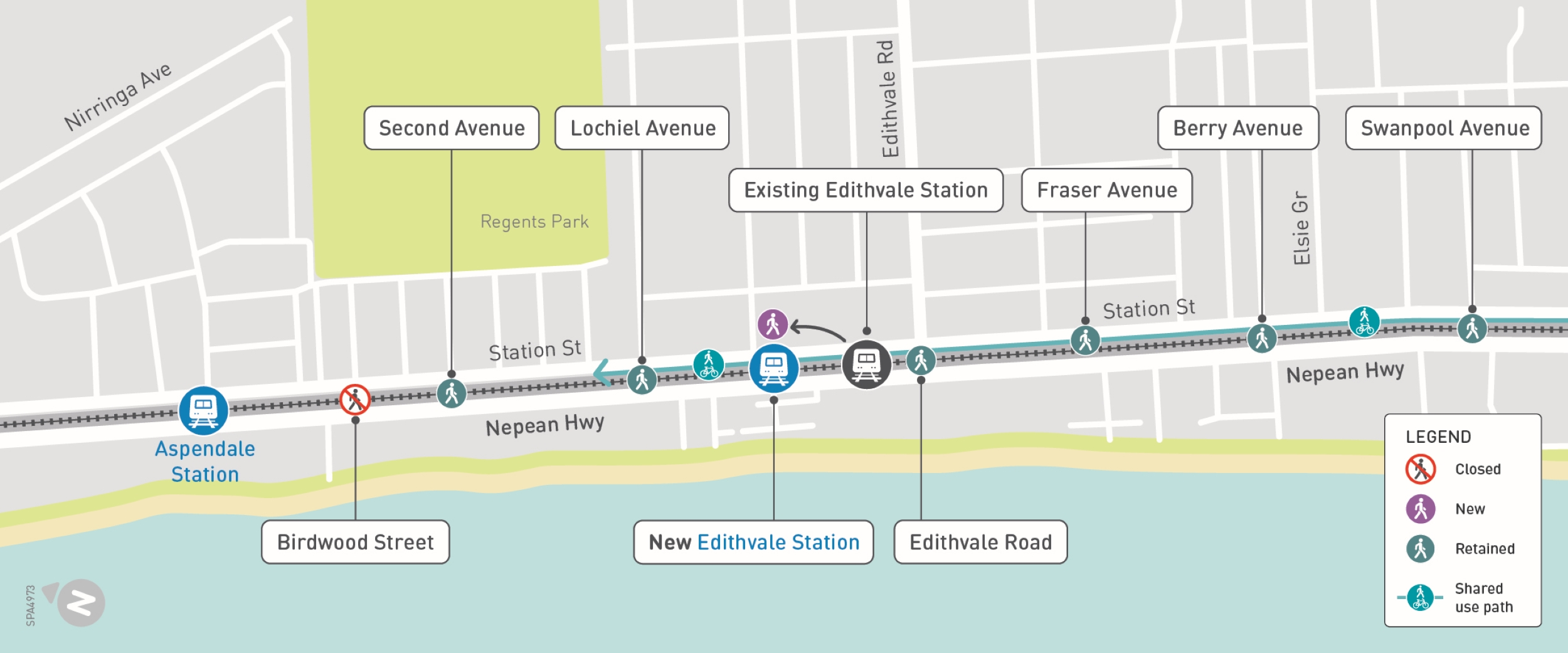 Map of Aspendale to Chelsea with closed pedestrian connection at Birdwood Street. Access at Second Avenue, Lochiel Avenue, Edithvale Road, Fraser Avenue, Berry Avenue and Swanpool Avenue.