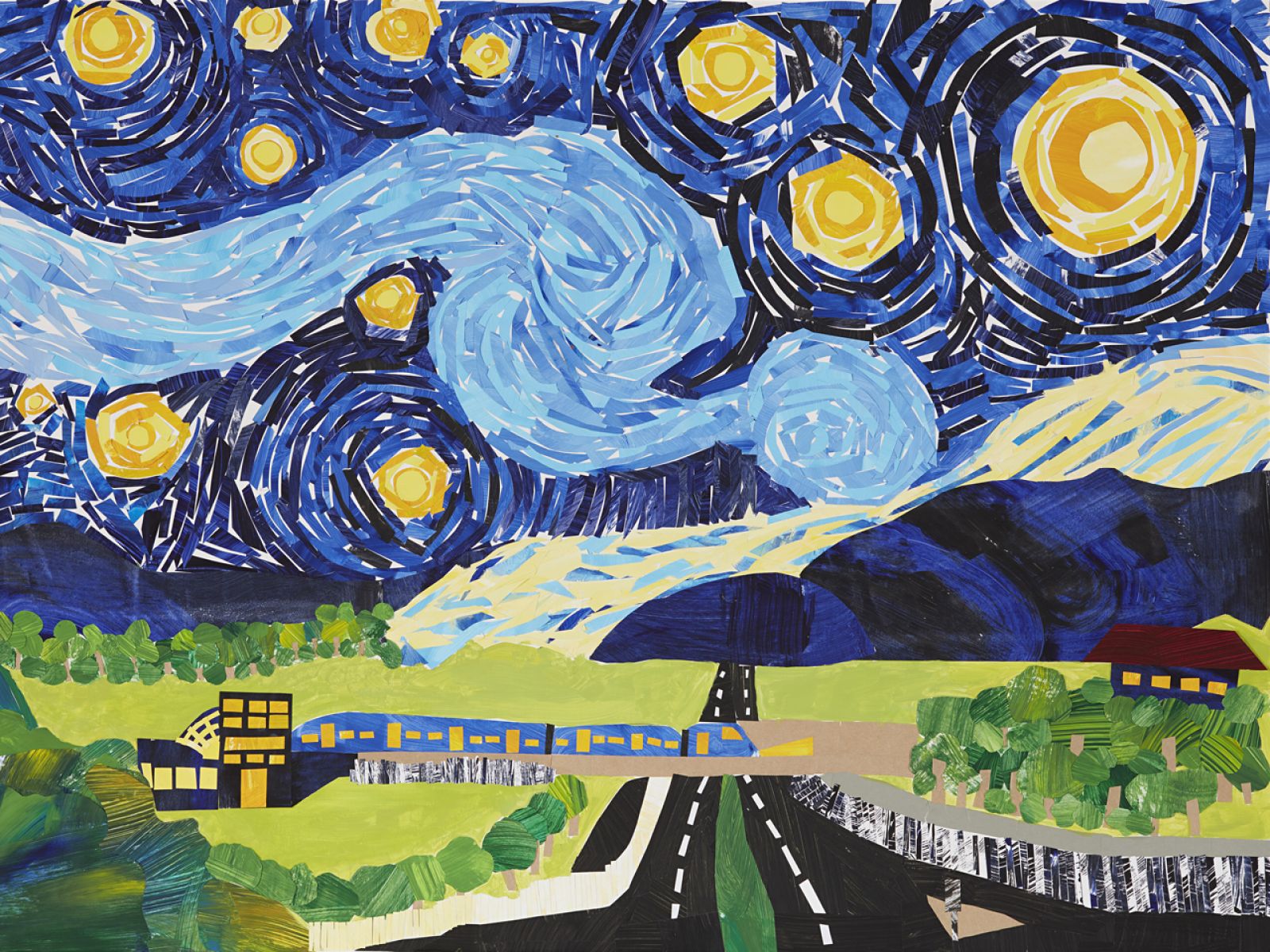 Artwork that takes inspiration from Van Gogh's Starry Night with a train.