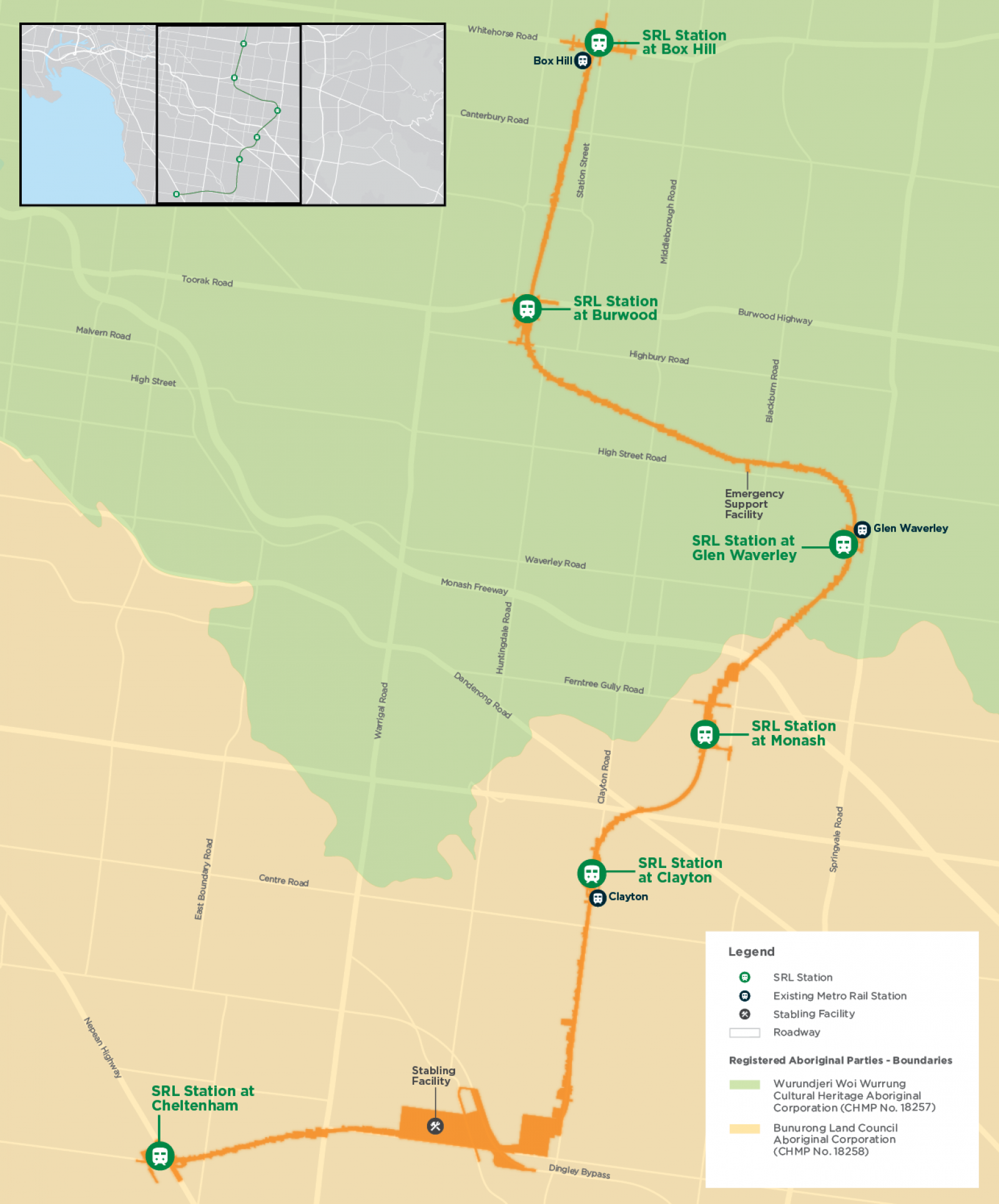 Map: SRL East alignment from Cheltenham to Box Hill and the Registered Aboriginal Parties Boundaries