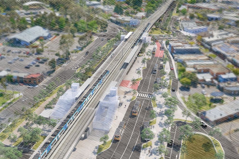Aerial view of the new Croydon Station and rail bridge. Artist impression, subject to change.