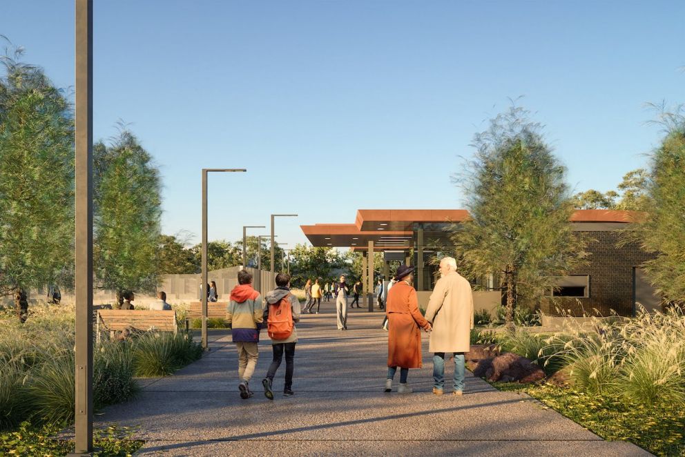 Looking towards Patterson Street at the New Ringwood East Station forecourt. Trees and plants depicted at 5-6 years from planting. Artist impression, subject to change.