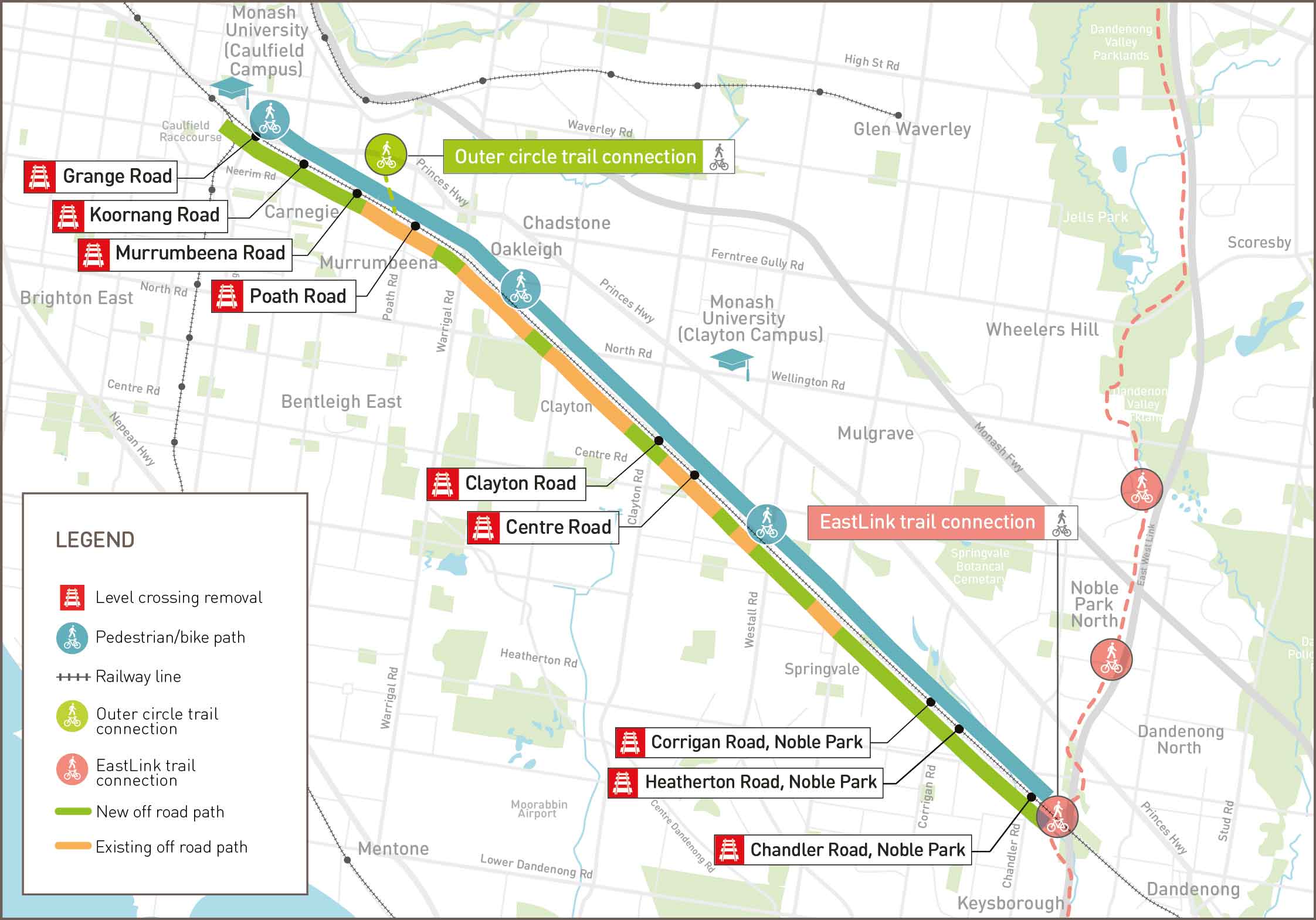 Map showing shared use path from Caulfield to Dandenong.