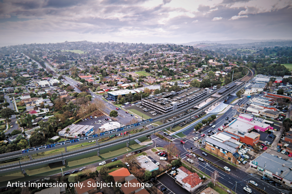 Artist impression of the new rail bridge over Manchester Road in Mooroolbark