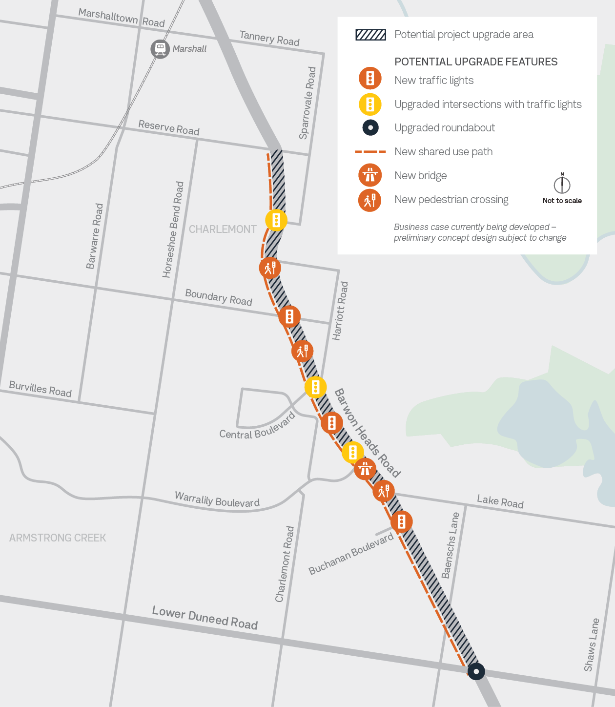 Project overview map of stage 2 of Barwon Heads Road Upgrade