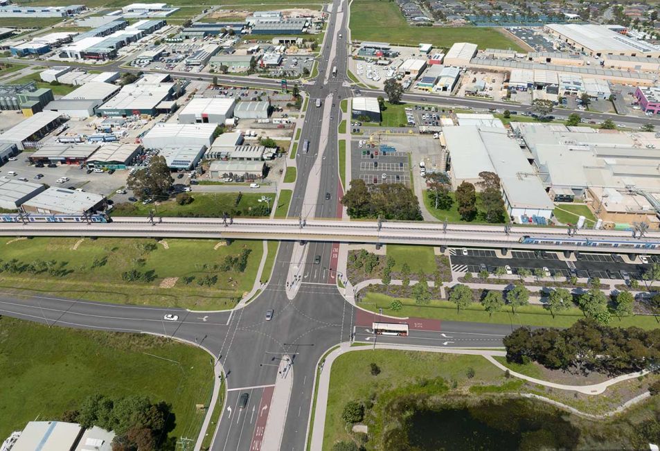 Artist’s impression of Racecourse Road looking south towards the Princes Freeway with upgraded signalised intersections at Railway Avenue & Bald Hill Rd.