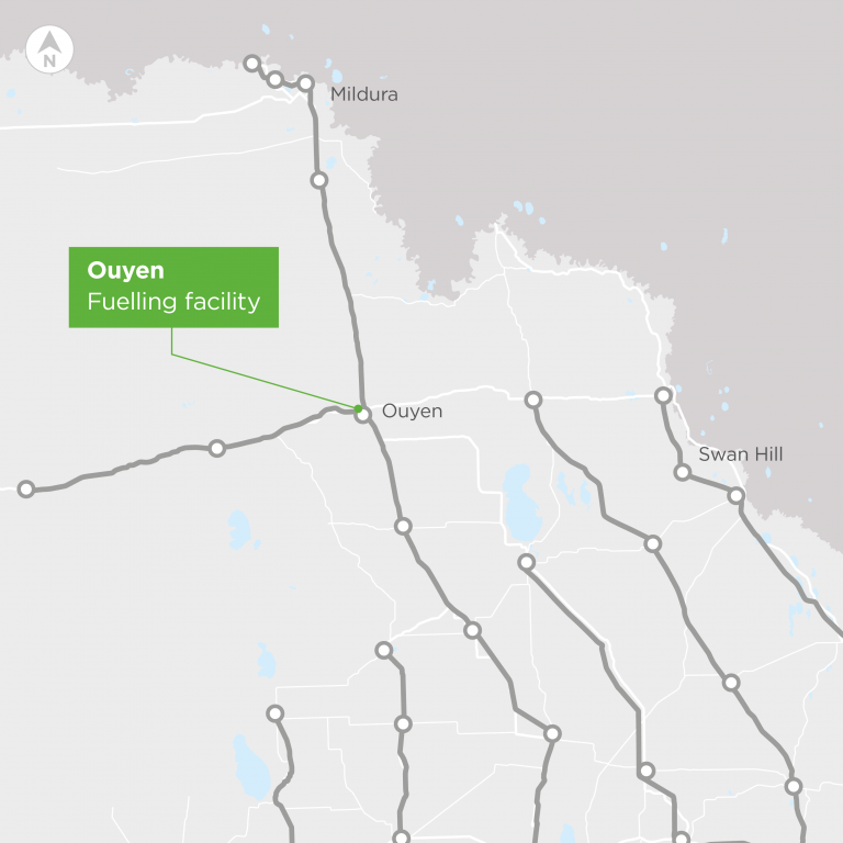 Map of northern Victoria pinpointing a refuelling point at Ouyen. 