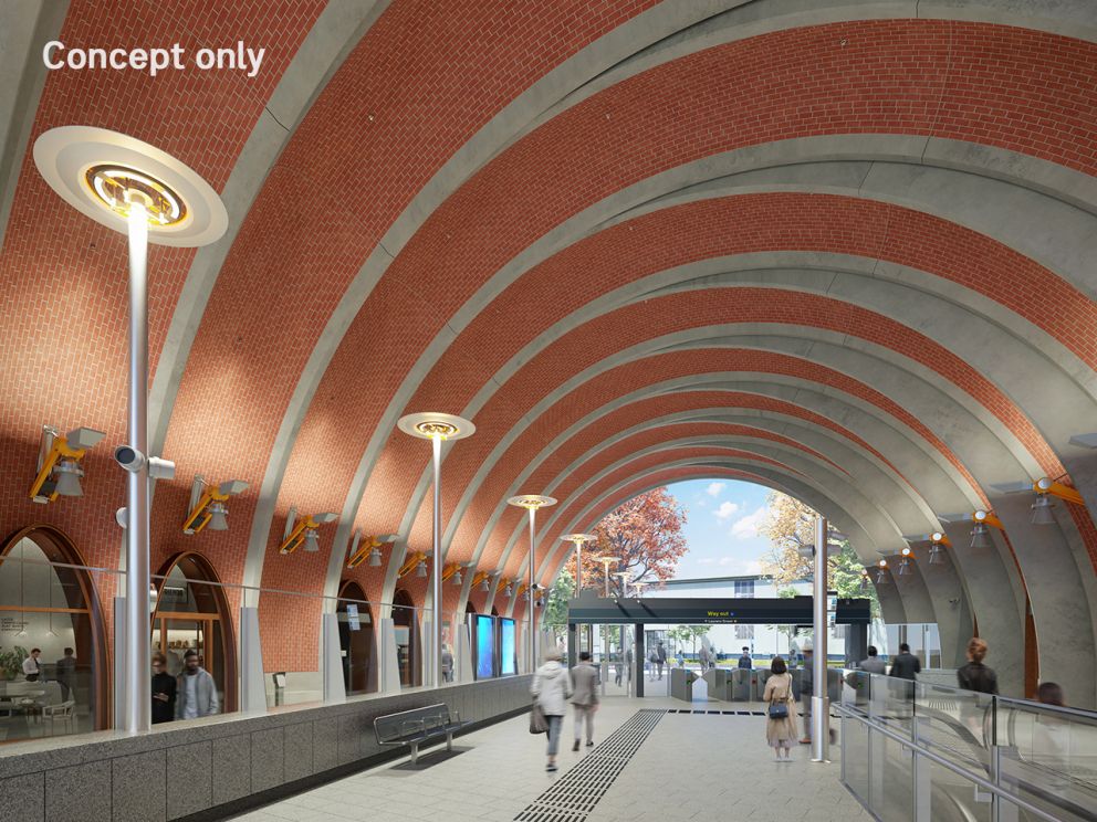 Render of the Arden Station main entry interior, featuring many brick arches