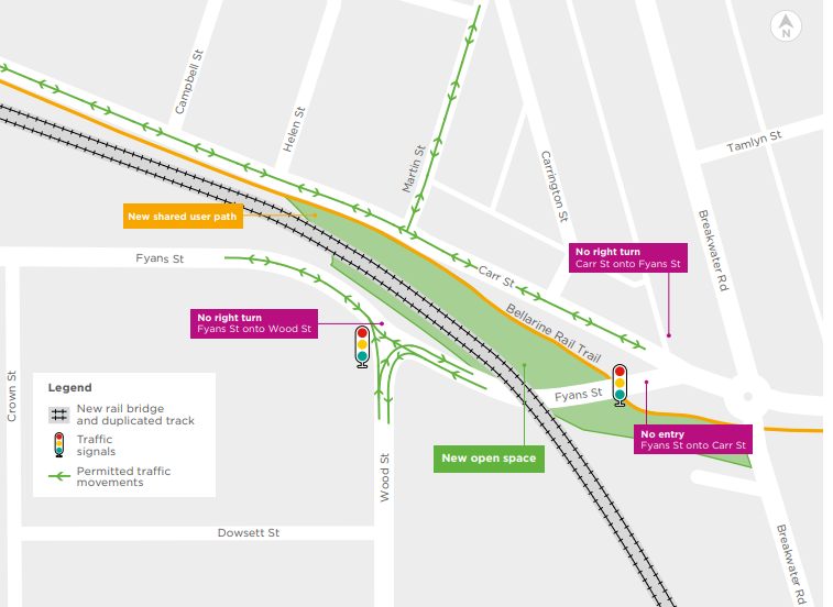 Map of planned upgrades at the Fyans Street level crossing.