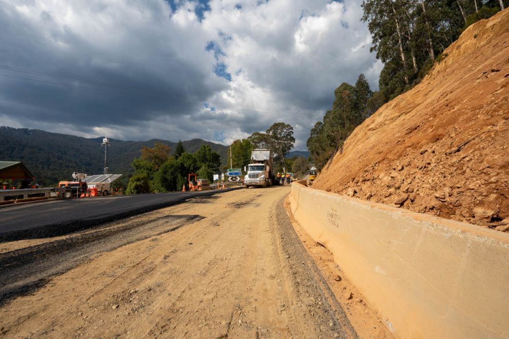 A view from the front of the landslip, looking toward the fresh-laid asphalt 5 April