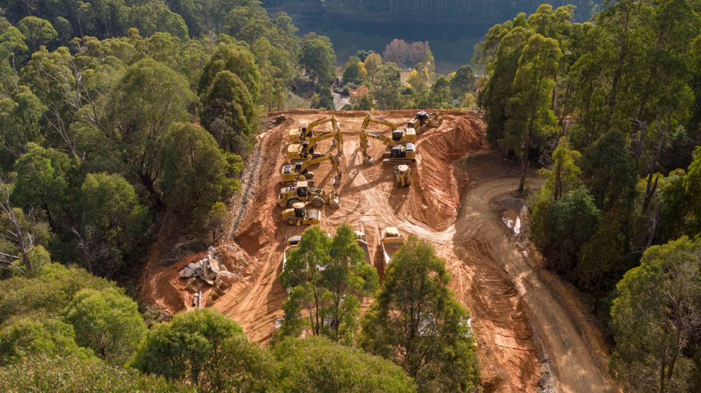 Machinery temporarily parked at the top of the landslip, with Guy Lake in the background 24 April 24 April