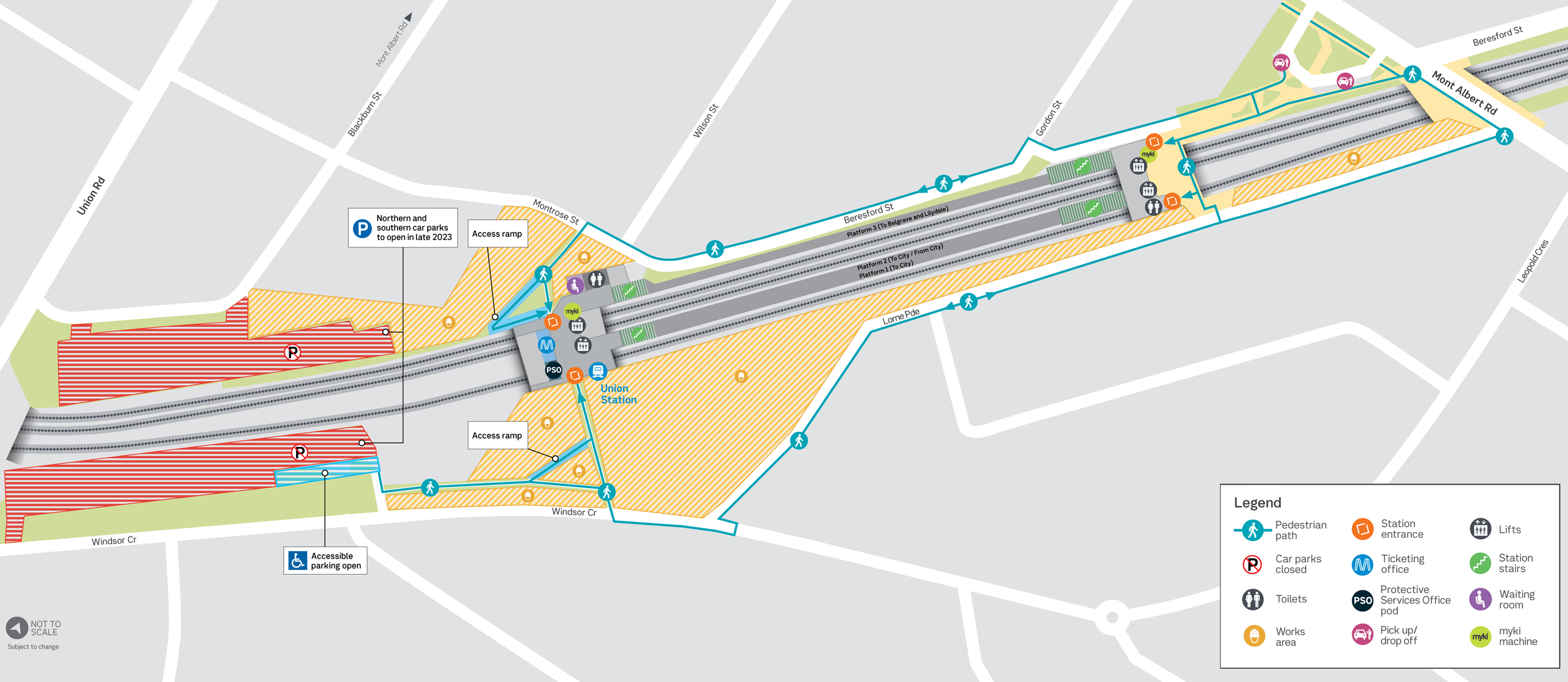 Map of new Union Station access points.  Car parks closed near Windsor Crescent and Union Road. Accessible parking open west of station entry on Windsor Crescent side. Access ramp through works area at Windsor Crescent and Montrose Street entry. Station stairs and lifts at both station access points.