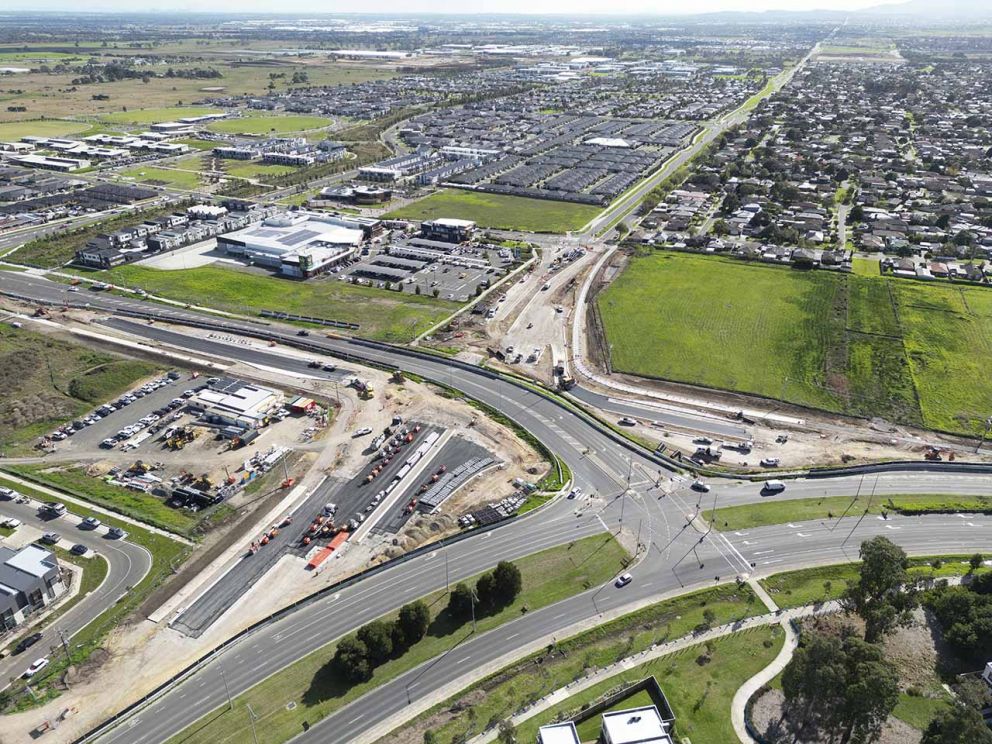 Aerial view of progress of new intersection alignment 