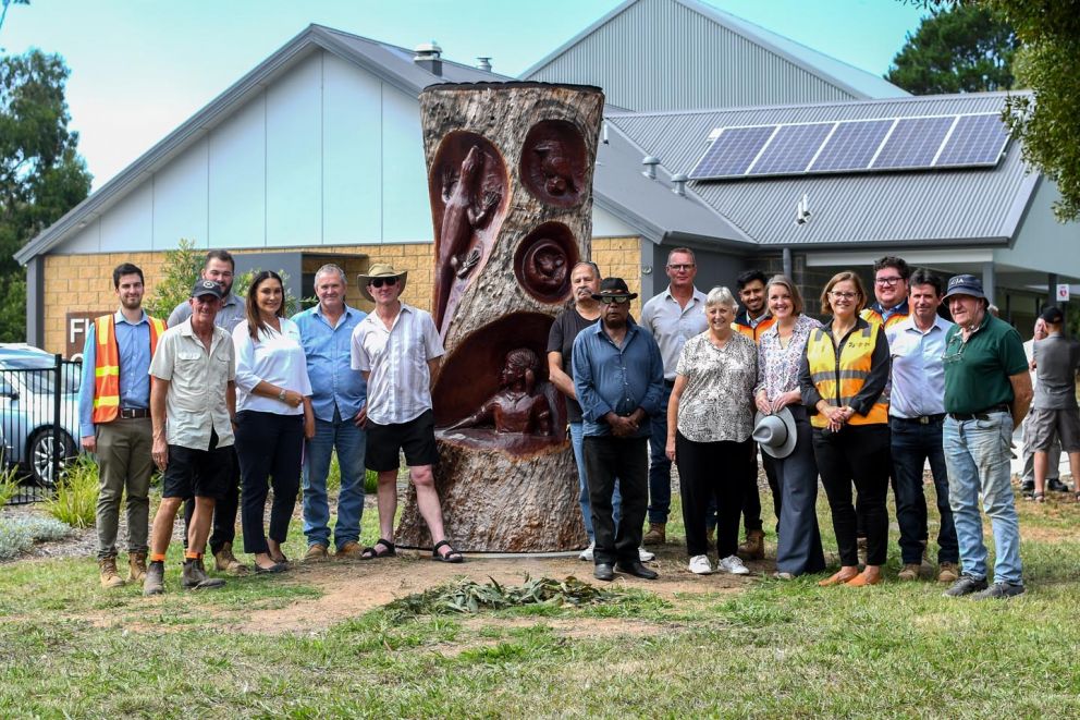 A wooden art sculpture created by local artist John Brady. You can see it at the Flynn Community Hall.