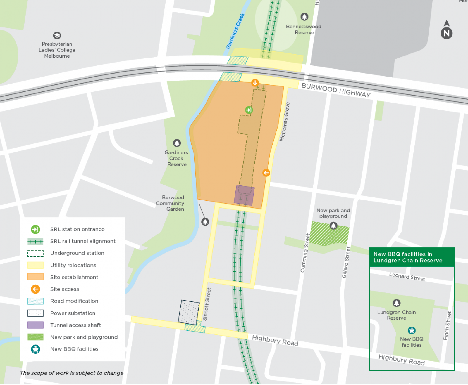 Map showing initial and early works in Burwood